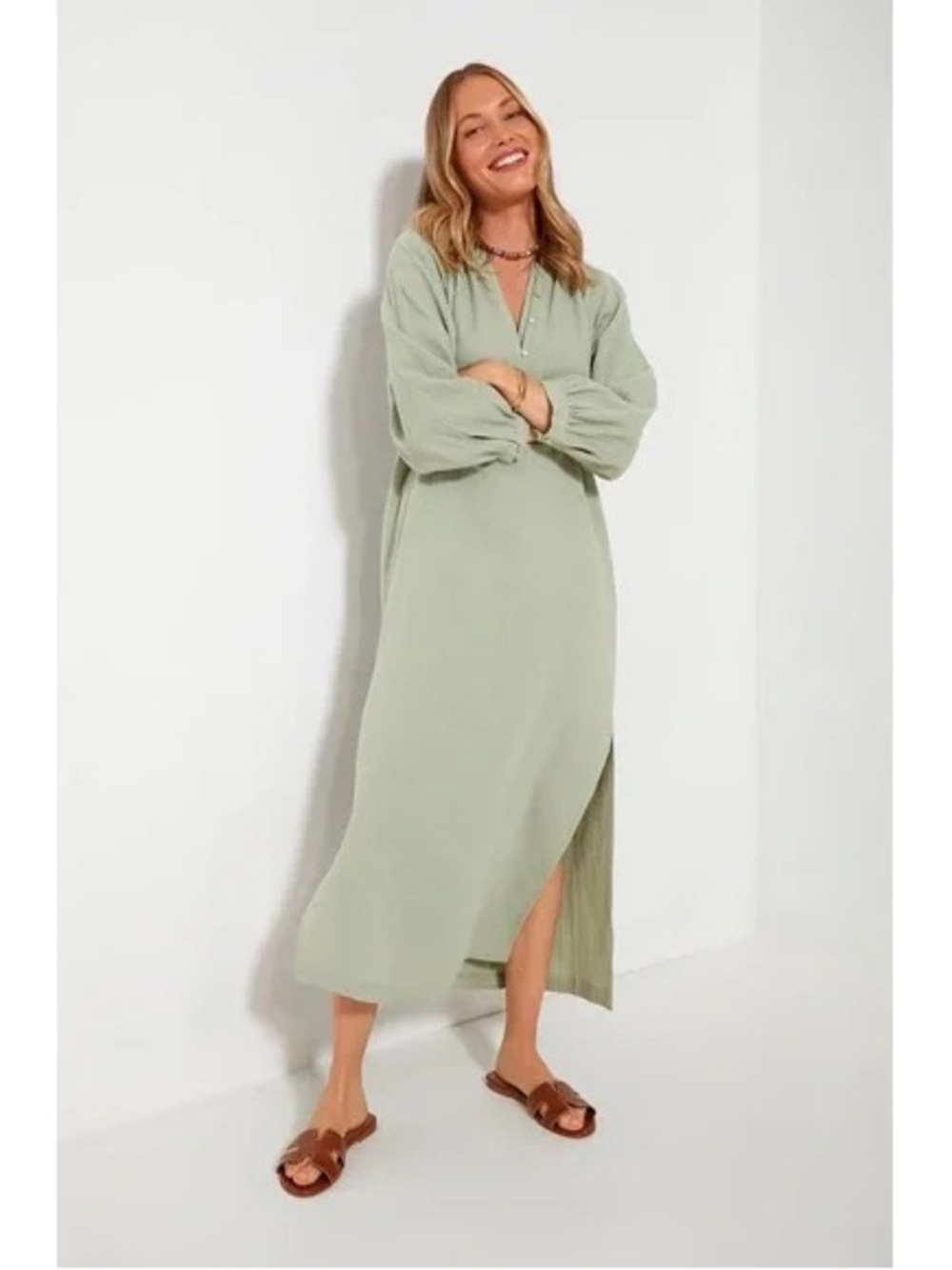 Lightweight Gauze Midi Kaftan Dress in Sage/Mint Green